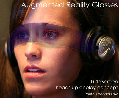 LCD screen heads up display on woman. Concept for Augmented Reality.